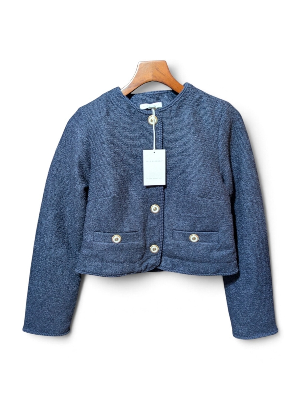 Cropped Navy Textured Button Front Blazer Jacket